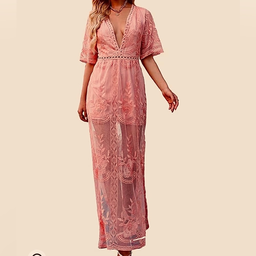 Wicky LS Women's Sleeveless Long Dress Low V-Neck High Split Lace Romper